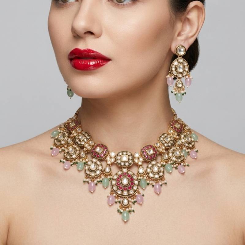 Gold plated kundan necklace set with pastel pink and mint green beads | indian bridal wedding jewelry set with earrings