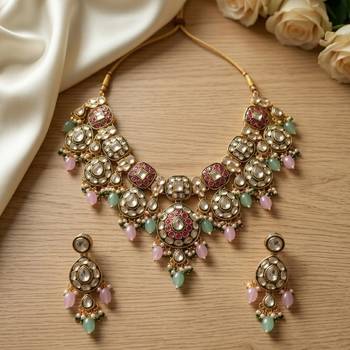 Gold plated kundan necklace set with pastel pink and mint green beads | indian bridal wedding jewelry set with earrings 2