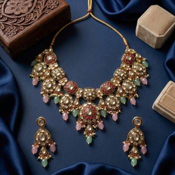 Gold plated kundan necklace set with pastel pink and mint green beads | indian bridal wedding jewelry set with earrings 3