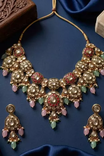 Gold plated kundan necklace set with pastel pink and mint green beads | indian bridal wedding jewelry set with earrings