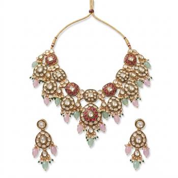 Gold plated kundan necklace set with pastel pink and mint green beads | indian bridal wedding jewelry set with earrings 4