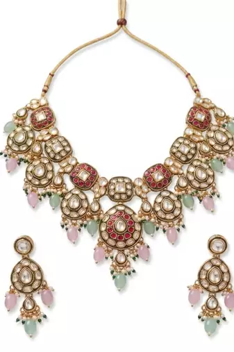 Gold plated kundan necklace set with pastel pink and mint green beads | indian bridal wedding jewelry set with earrings