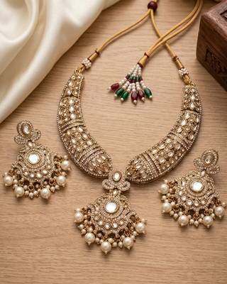 Gold kundan necklace set with pearl drop earrings | traditional bollywood bridal wedding indian jewelry set 1