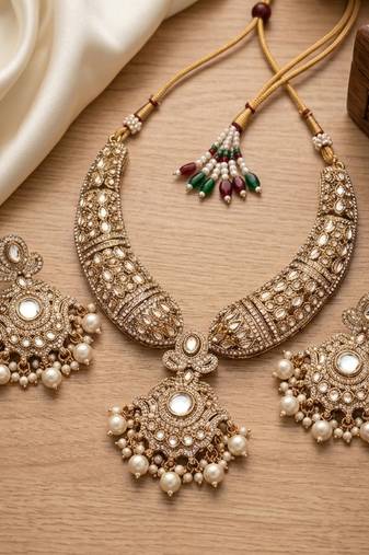 Gold kundan necklace set with pearl drop earrings | traditional bollywood bridal wedding indian jewelry set