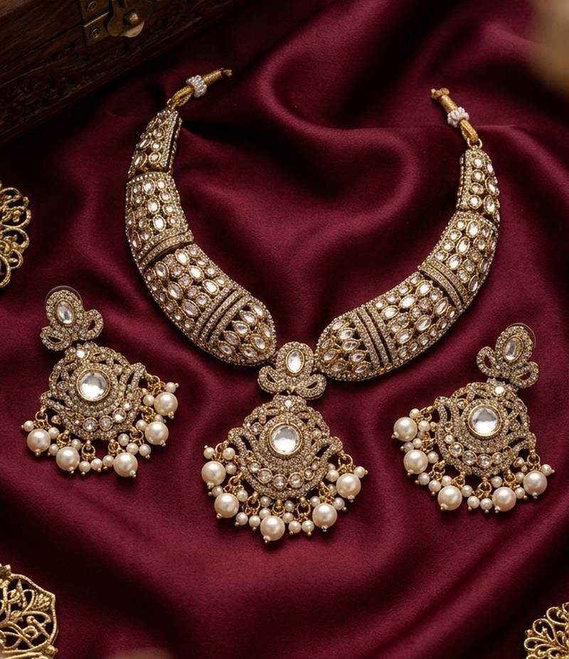 Gold kundan necklace set with pearl drop earrings | traditional bollywood bridal wedding indian jewelry set