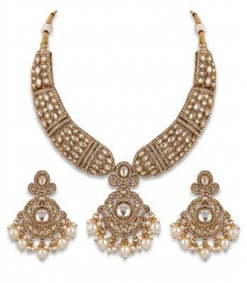 Gold kundan necklace set with pearl drop earrings | traditional bollywood bridal wedding indian jewelry set 4