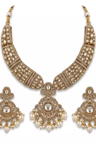 Gold kundan necklace set with pearl drop earrings | traditional bollywood bridal wedding indian jewelry set