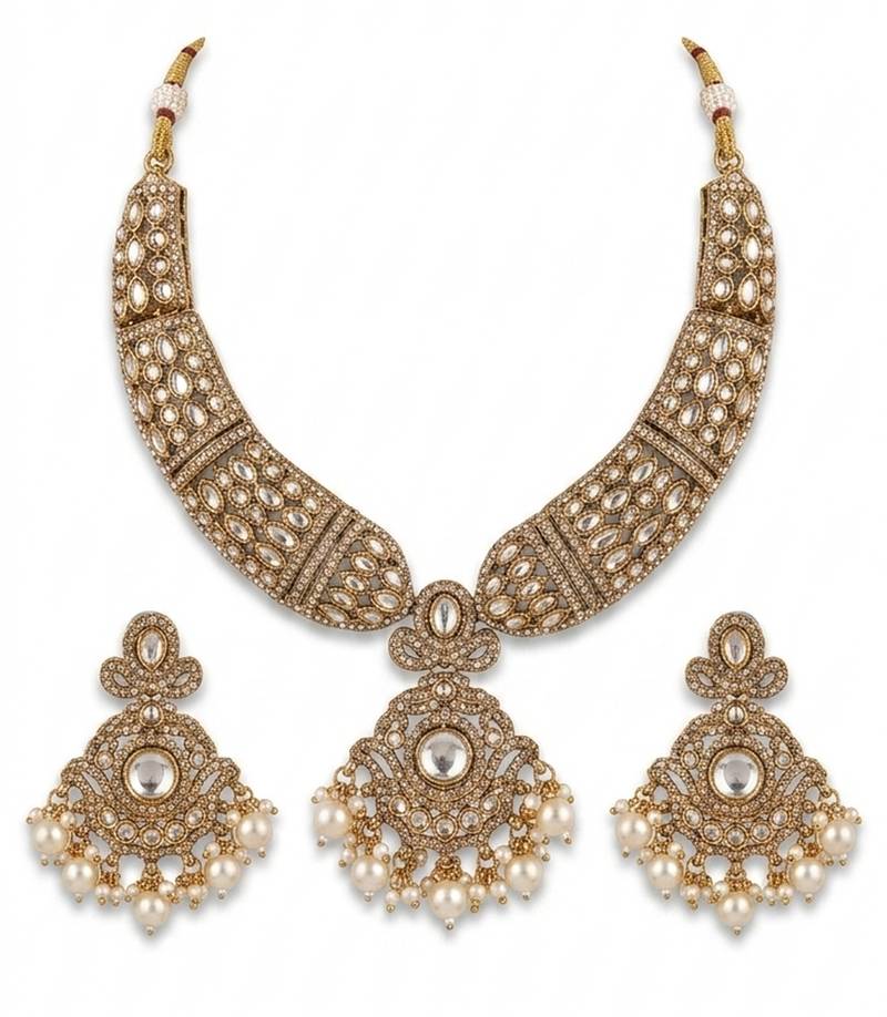 Gold kundan necklace set with pearl drop earrings | traditional bollywood bridal wedding indian jewelry set