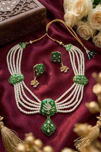 Meenakari pearl necklace set | indian bridal choker & earrings for women | kundan ethnic wedding jewelry set