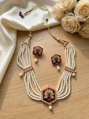 Meenakari pearl necklace set | indian bridal choker & earrings for women | kundan ethnic wedding jewelry set 2