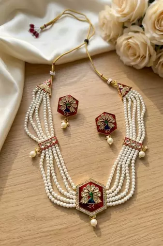 Meenakari pearl necklace set | indian bridal choker & earrings for women | kundan ethnic wedding jewelry set