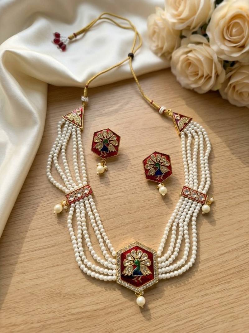 Meenakari pearl necklace set | indian bridal choker & earrings for women | kundan ethnic wedding jewelry set