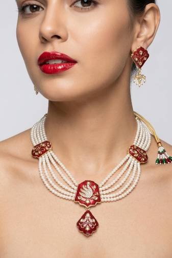 Meenakari pearl necklace set | indian bridal choker & earrings for women | kundan ethnic wedding jewelry set