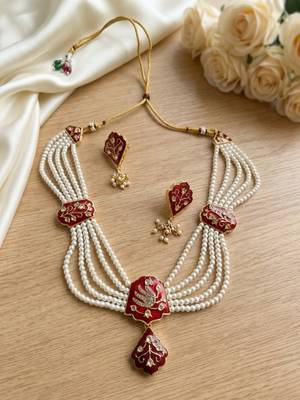 Meenakari pearl necklace set | indian bridal choker & earrings for women | kundan ethnic wedding jewelry set 2