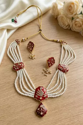 Meenakari pearl necklace set | indian bridal choker & earrings for women | kundan ethnic wedding jewelry set