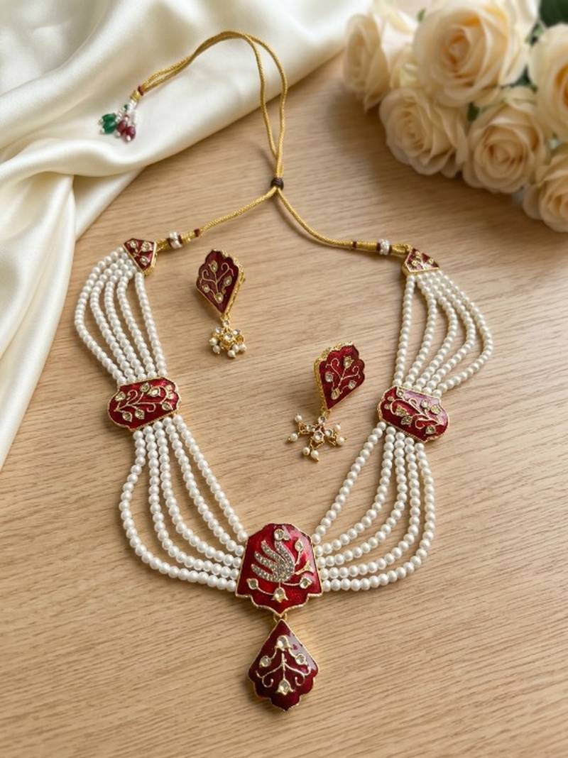 Meenakari pearl necklace set | indian bridal choker & earrings for women | kundan ethnic wedding jewelry set