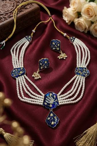 Meenakari pearl necklace set | indian bridal choker & earrings for women | kundan ethnic wedding jewelry set