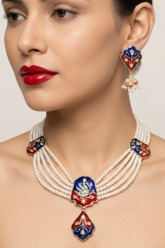 Meenakari pearl necklace set | indian bridal choker & earrings for women | kundan ethnic wedding jewelry set