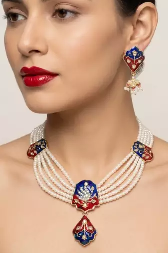 Meenakari pearl necklace set | indian bridal choker & earrings for women | kundan ethnic wedding jewelry set