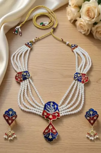 Meenakari pearl necklace set | indian bridal choker & earrings for women | kundan ethnic wedding jewelry set