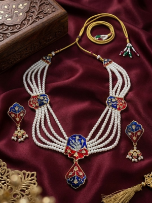 Meenakari pearl necklace set | indian bridal choker & earrings for women | kundan ethnic wedding jewelry set 3