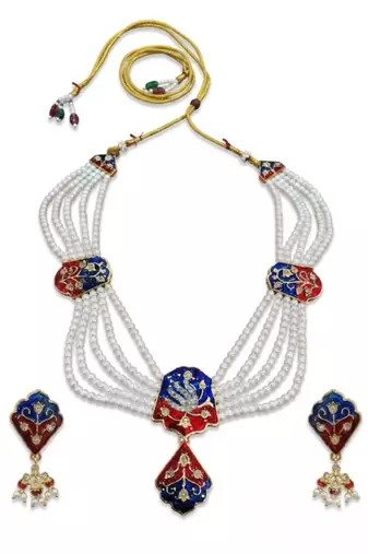 Meenakari pearl necklace set | indian bridal choker & earrings for women | kundan ethnic wedding jewelry set