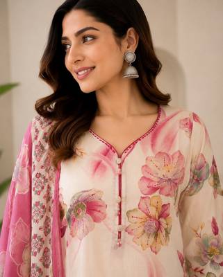 Pink cotton blend floral print kurta set 2
