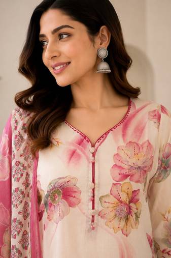 Pink cotton blend floral print kurta set