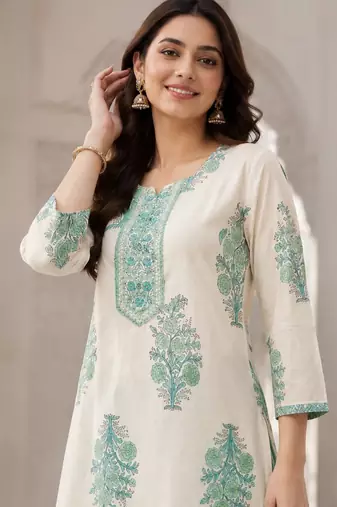 Off white cotton blend floral print kurta set