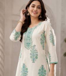 Off white cotton blend floral print kurta set