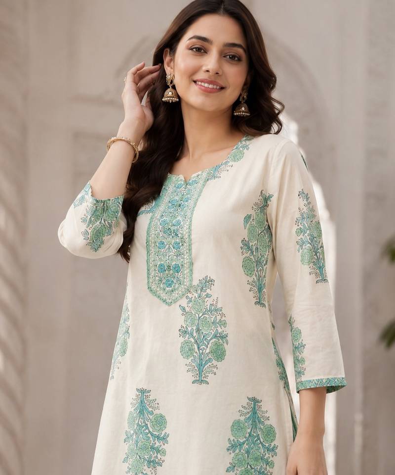 Off white cotton blend floral print kurta set