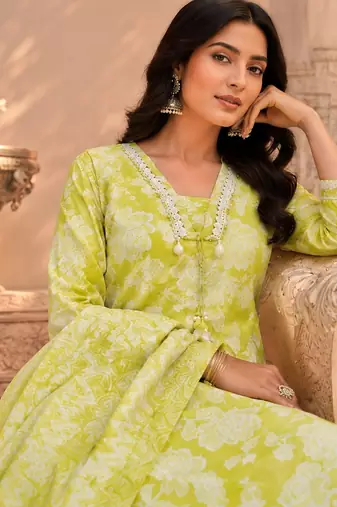 Lime green cotton blend floral print kurta set