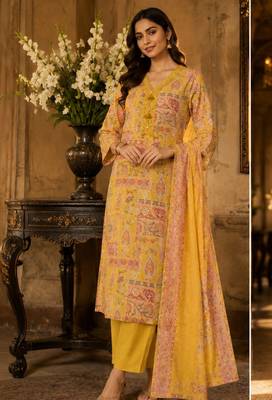 Light yellow cotton blend floral print kurta set 1