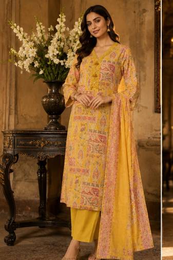 Light yellow cotton blend floral print kurta set