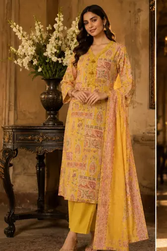 Light yellow cotton blend floral print kurta set