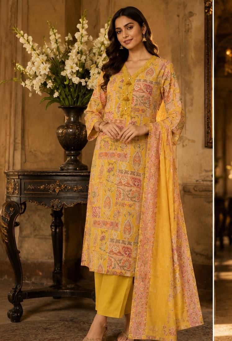 Light yellow cotton blend floral print kurta set