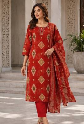 Red cotton blend geometric print kurta set 1