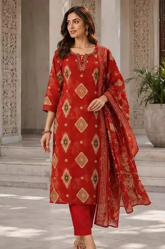 Red cotton blend geometric print kurta set
