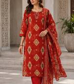 Red cotton blend geometric print kurta set