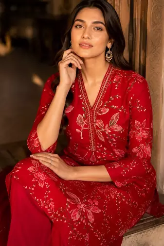 Red cotton blend floral print kurta set
