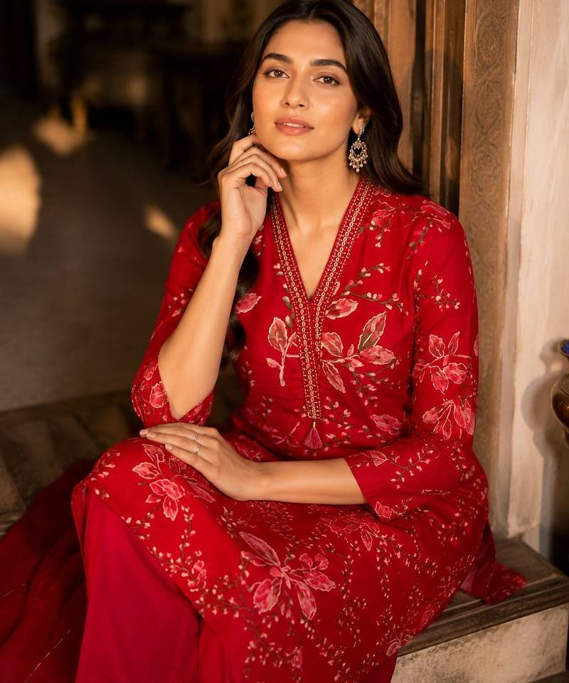 Red cotton blend floral print kurta set