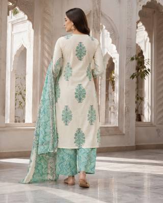 Off white cotton blend floral print kurta set 3