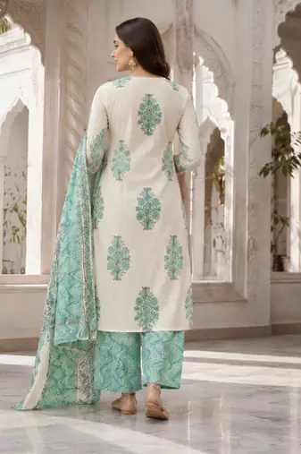 Off white cotton blend floral print kurta set