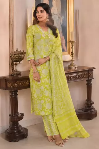 Lime green cotton blend floral print kurta set
