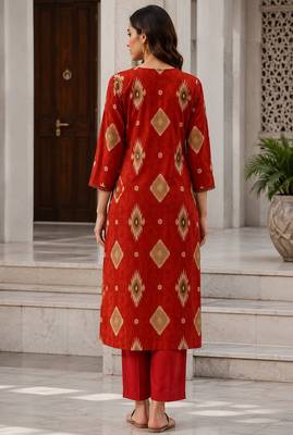 Red cotton blend geometric print kurta set 3