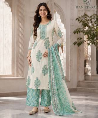 Off white cotton blend floral print kurta set 1
