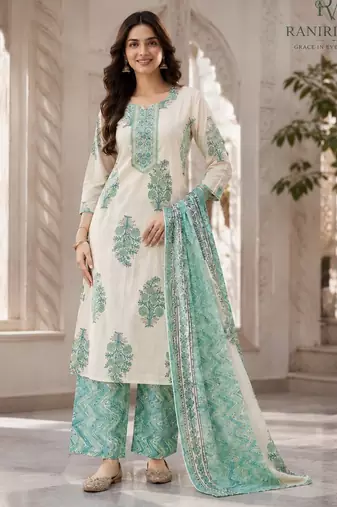 Off white cotton blend floral print kurta set