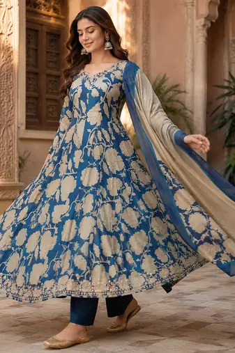 Blue cotton blend floral print kurta set