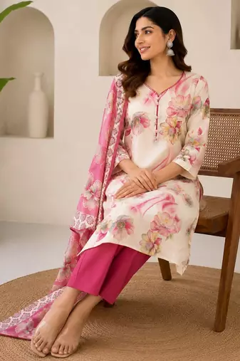 Pink cotton blend floral print kurta set
