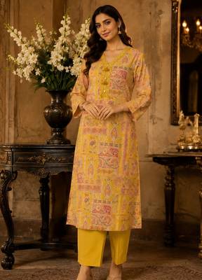Light yellow cotton blend floral print kurta set 3